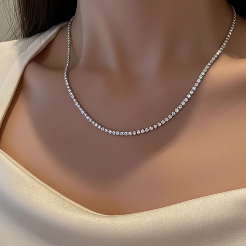 Srebrny tennis necklace na modelce