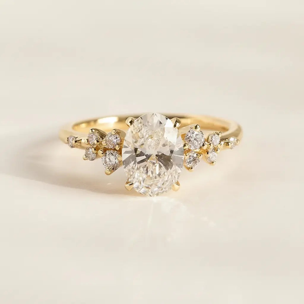 Gold moissanite ring #f6f5ee background