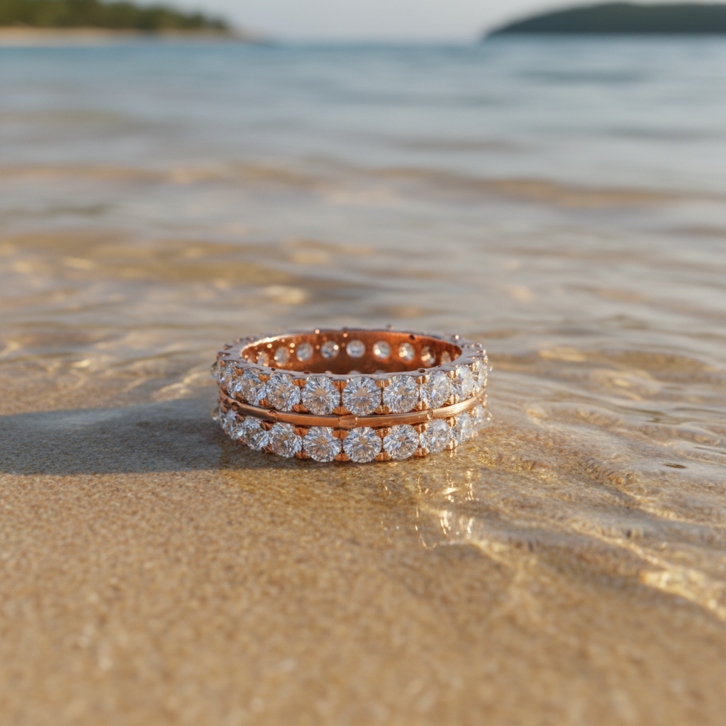 Rose Gold Ring on Sand and Water
