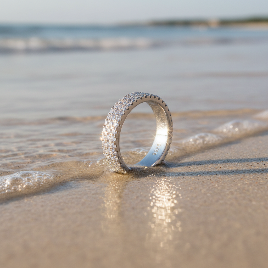Silver Ring on Sand and Water